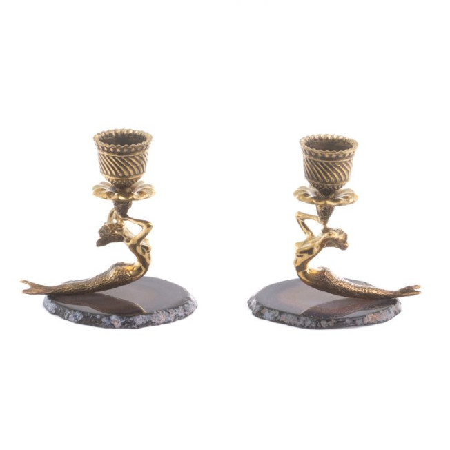 Подсвечники "Русалка" из камня серый агат с бронзой пара