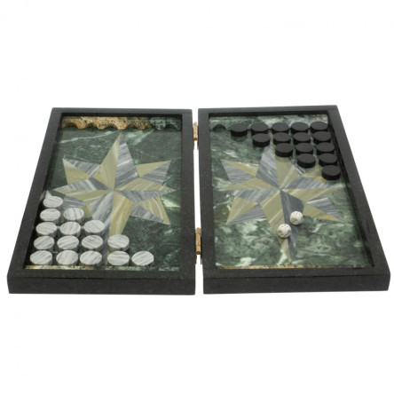 Каменные нарды "Роза ветров" серый мрамор и офиокальцит