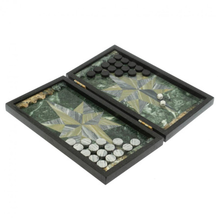 Каменные нарды "Роза ветров" серый мрамор и офиокальцит