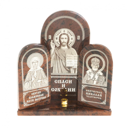 Икона триптих большая "Спаситель, Матрона, Николай" камень обсидиан