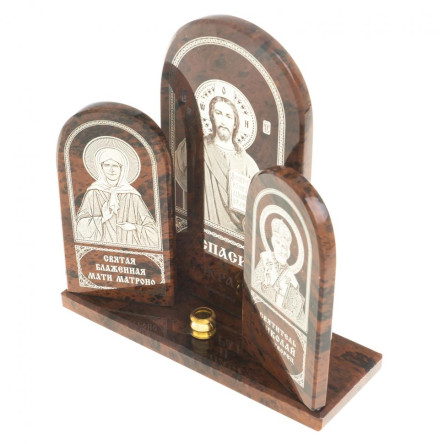 Икона триптих большая "Спаситель, Матрона, Николай" камень обсидиан