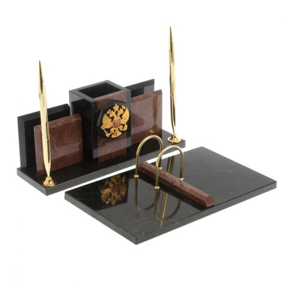 Настольный набор &quot;Офисный&quot; с гербом РФ камень лемезит