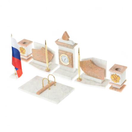 Письменный прибор с гербом и флагом России камень розовый мрамор