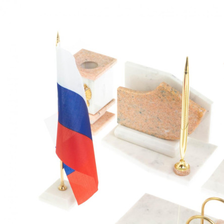Письменный прибор с гербом и флагом России камень розовый мрамор
