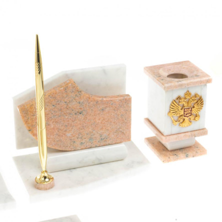 Письменный прибор с гербом и флагом России камень розовый мрамор