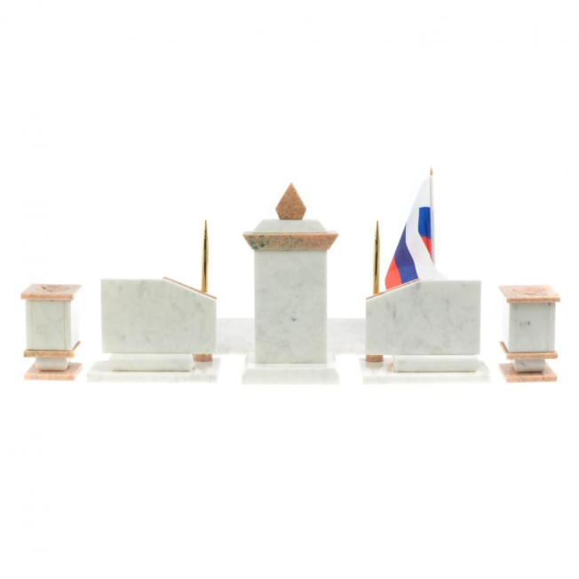 Письменный прибор с гербом и флагом России камень розовый мрамор