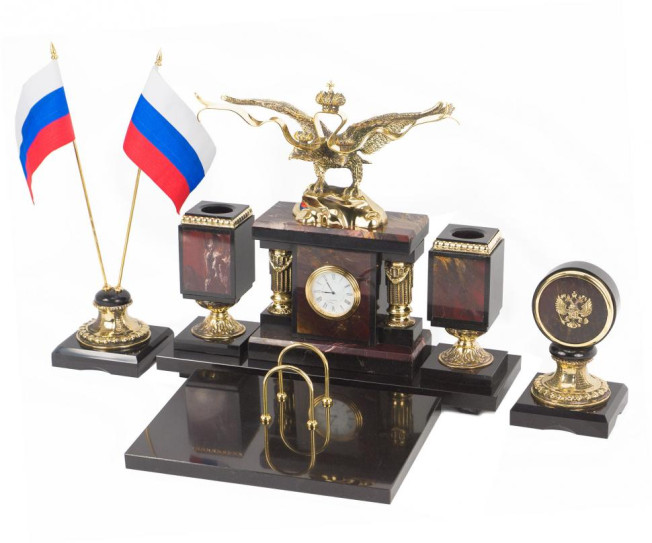 Письменный прибор из камня яшма с бронзой "Двуглавый орел"