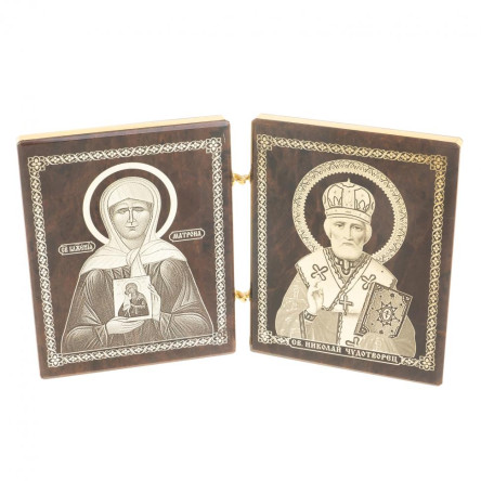 Икона складная "Матрона, Николай" камень обсидиан