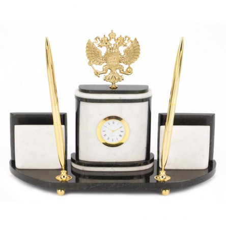 Настольный набор "Герб РФ" из белого мрамора