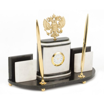 Настольный набор &quot;Герб РФ&quot; из белого мрамора