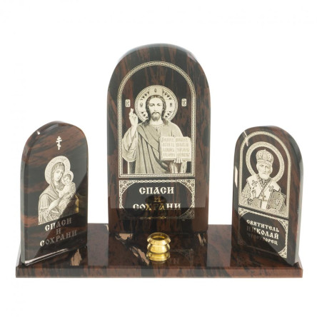 Икона триптих "Спаситель, Богоматерь, Николай" камень обсидиан
