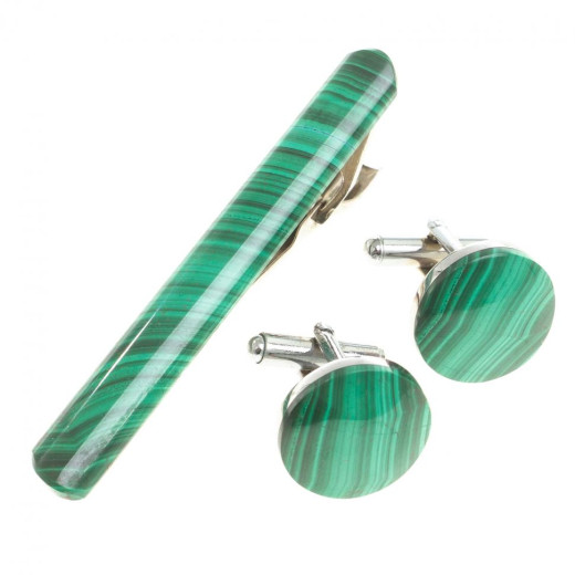 Набор запонки круглые и зажим для галстука малахит —