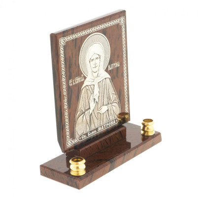 Икона настольная &quot;Св. Матрона Московская&quot; из обсидиана с подсвечниками