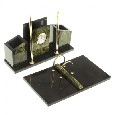 Письменный набор &quot;Канцелярский&quot; с часами камень змеевик