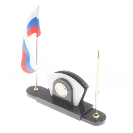 Визитница с часами и флагом России камень мрамор