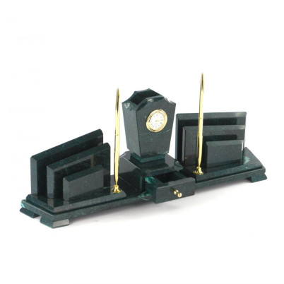 Настольный набор "Бюрократ" с часами из змеевика