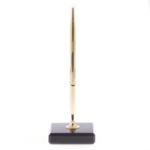 Ручка металлическая на подставке из черного обсидиана 7х7 см —