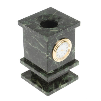 Карандашница из змеевика с часами 7х7х12 см