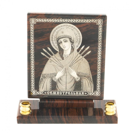 Икона настольная "Семистрельная" из обсидиана с подсвечниками