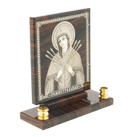 Икона настольная "Семистрельная" из обсидиана с подсвечниками