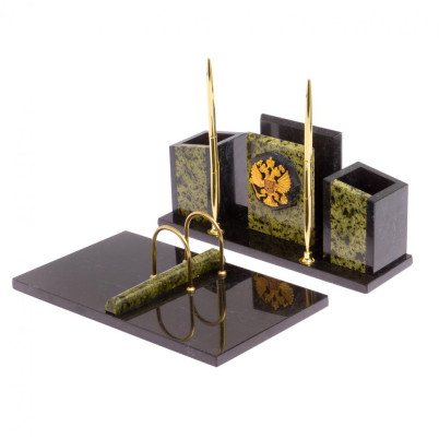 Письменный набор &quot;Канцелярский&quot; с гербом камень змеевик