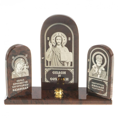 Икона триптих "Спаситель, Казанская, Николай" камень обсидиан