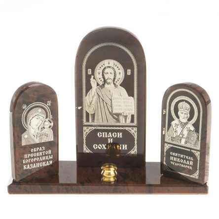 Икона триптих "Спаситель, Казанская, Николай" камень обсидиан