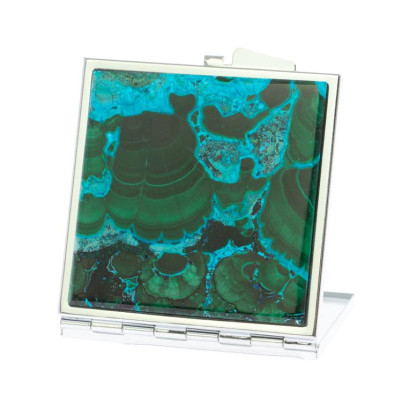 Зеркало квадратное карманное из малахита с хризоколлой цвет серебро