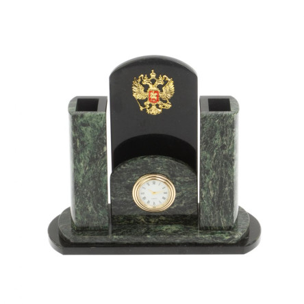 Настольные часы с карандашницей "Герб России" из шабровского змеевика