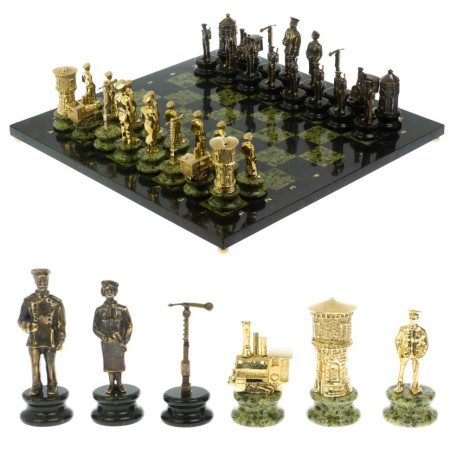 Шахматы подарочные &quot;Железнодорожники&quot; из бронзы и змеевика 48х48 см