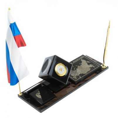 Письменный набор &quot;Куб с картой РФ&quot; камень черный обсидиан