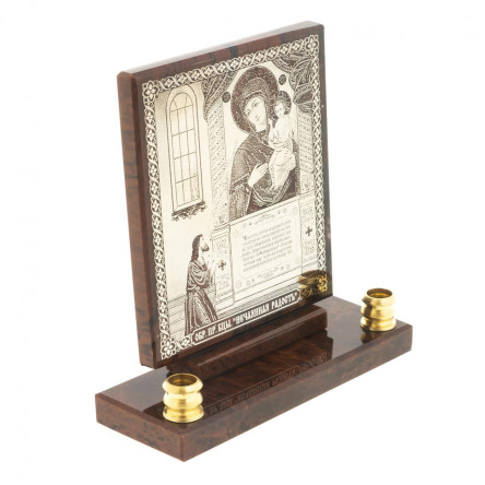 Икона настольная "Нечаянная радость" из обсидиана с подсвечниками