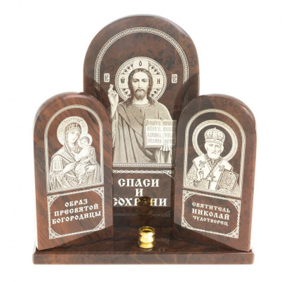 Икона триптих большая &quot;Спаситель, Богоматерь, Николай&quot; камень обсидиан