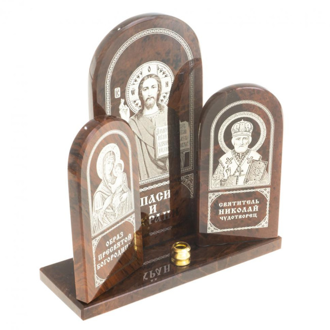 Икона триптих большая &quot;Спаситель, Богоматерь, Николай&quot; камень обсидиан
