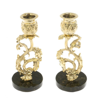 Набор подсвечников 2 шт из бронзы на подставке из змеевика