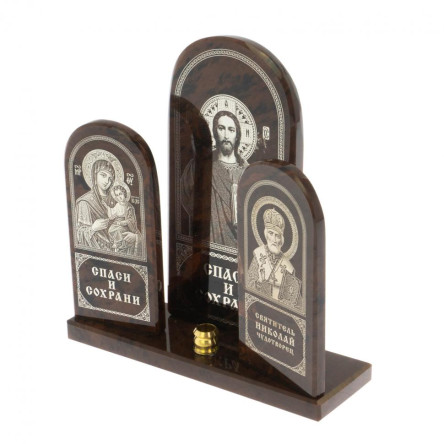 Икона настольная триптих большая "Спаси и сохрани" камень обсидиан
