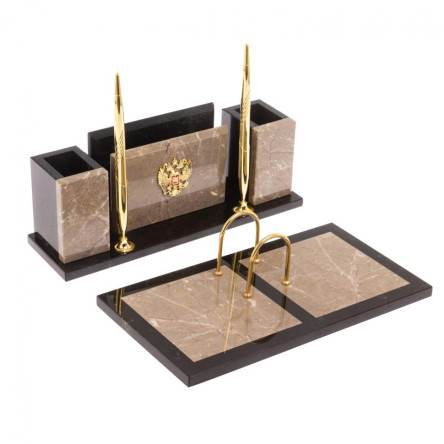 Письменный набор "Советник" с Гербом РФ из бежевого мрамора
