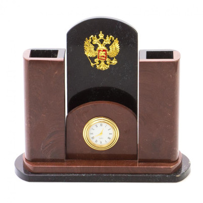 Часы настольные с карандашницей &quot;Герб РФ&quot; камень лемезит