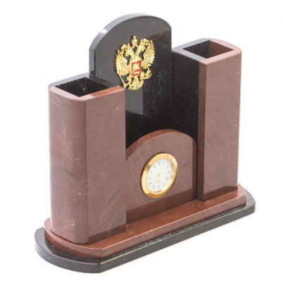 Часы настольные с карандашницей &quot;Герб РФ&quot; камень лемезит