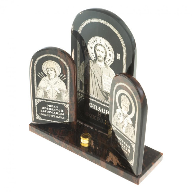 Икона триптих большая "Спаситель, Семистрельная, Николай" камень обсидиан