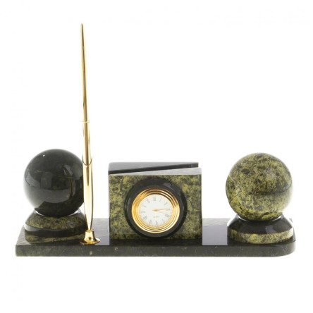 Мини-набор с часами "Два шара" из камня змеевик