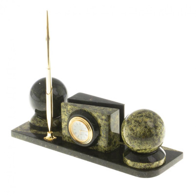 Мини-набор с часами &quot;Два шара&quot; из камня змеевик