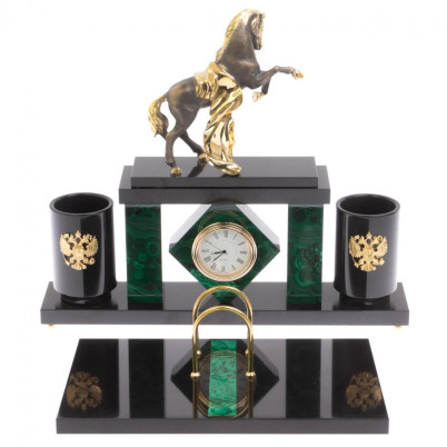 Письменный набор с часами "Конь с попоной" из малахита