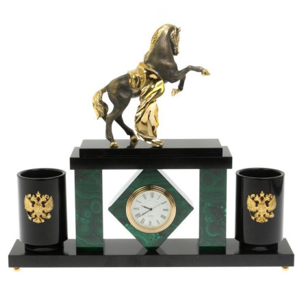 Письменный набор с часами "Конь с попоной" из малахита