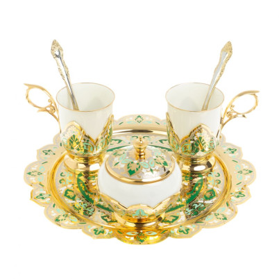 Чайный набор "Кубачинские узоры" с зеленой эмалью Златоуст