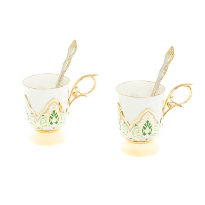 Чайный набор "Кубачинские узоры" с зеленой эмалью Златоуст