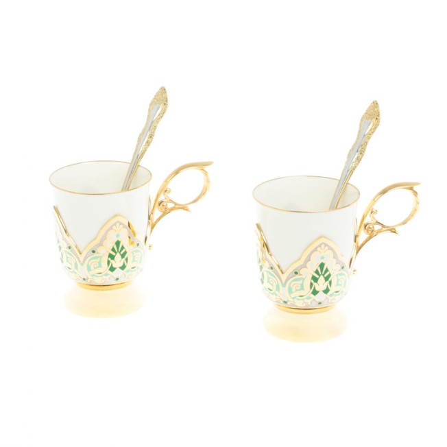 Чайный набор "Кубачинские узоры" с зеленой эмалью Златоуст