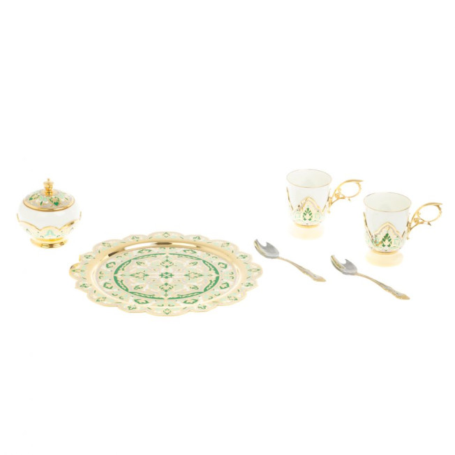 Чайный набор "Кубачинские узоры" с зеленой эмалью Златоуст