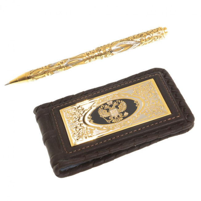 Подарочный набор "Гербовый" кожаная визитница и ручка Златоуст