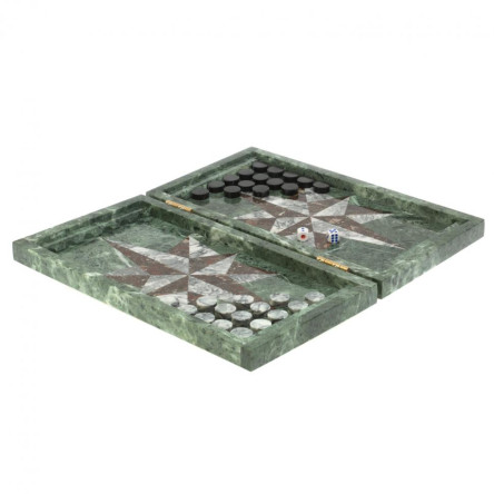 Нарды из камня "Роза ветров" серый мрамор / конгломерат